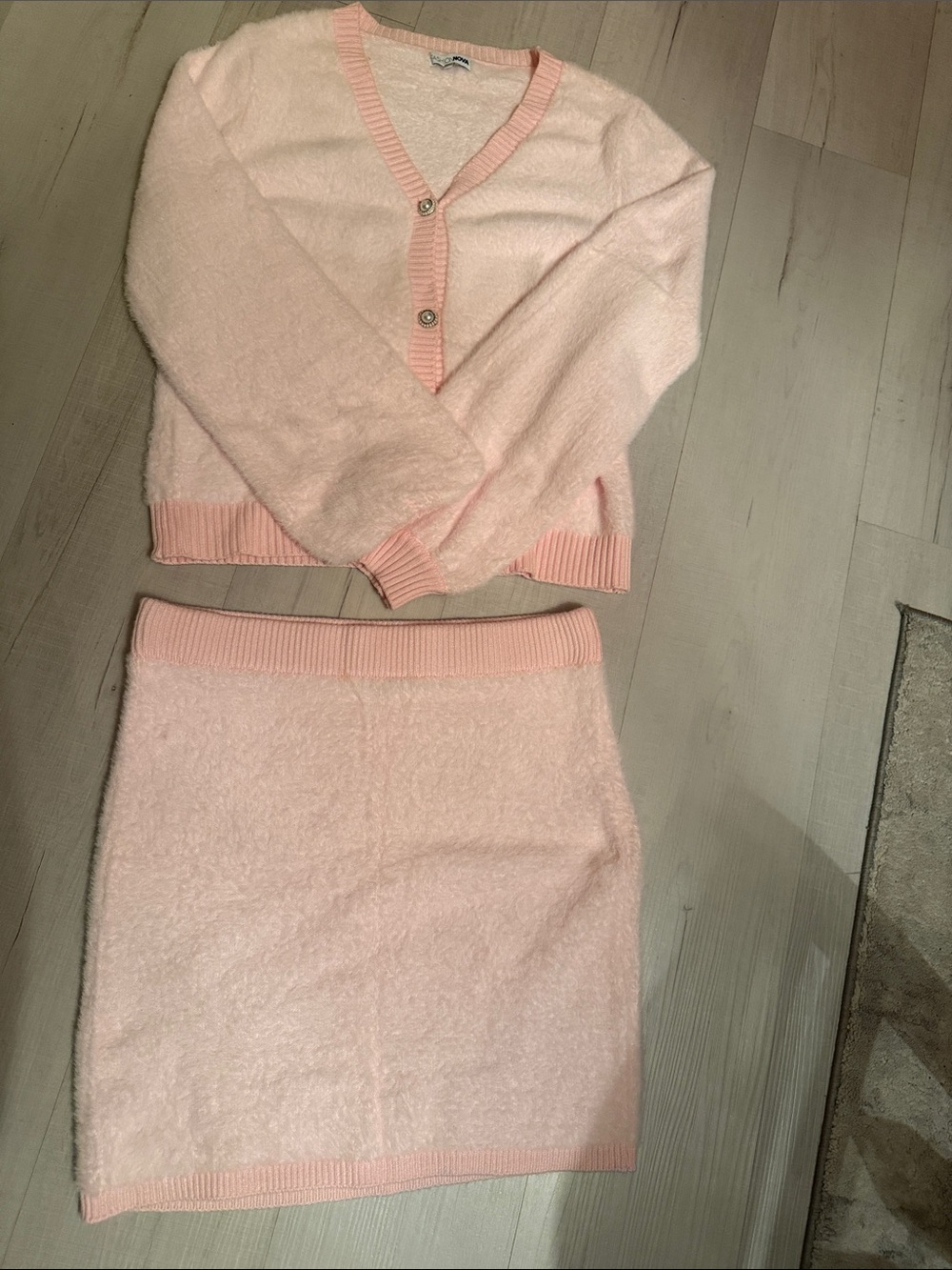 Fashion Nova Soft Pink Fuzzy Mini Skirt set.